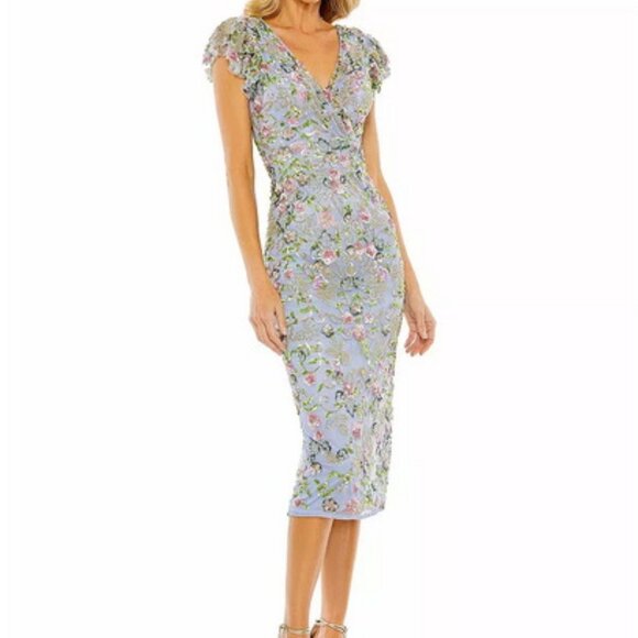 Mac Duggal Slate Blue Floral Embellished Flutter Cap Sleeve Dress - Picture 3 of 4